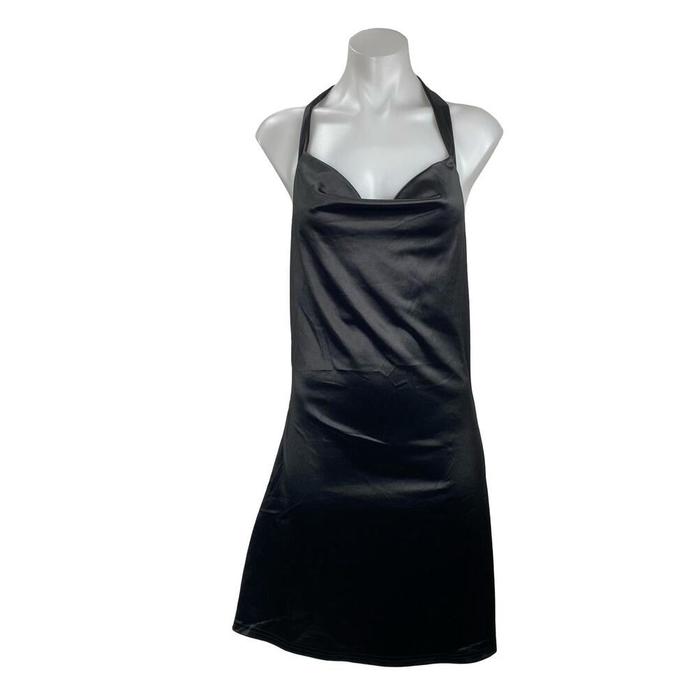 NEW Zaful Black Silk Satin Halter Cowl Neck Backless A Line Mini Dress Size M